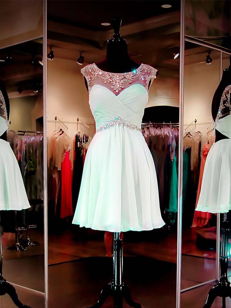Off Shoulder Scoop Neck Mint Green Chiffon Short Homecoming Dress, Sexy Beaded Ruched Short Prom Dress, Short Cocktail Party Gowns .