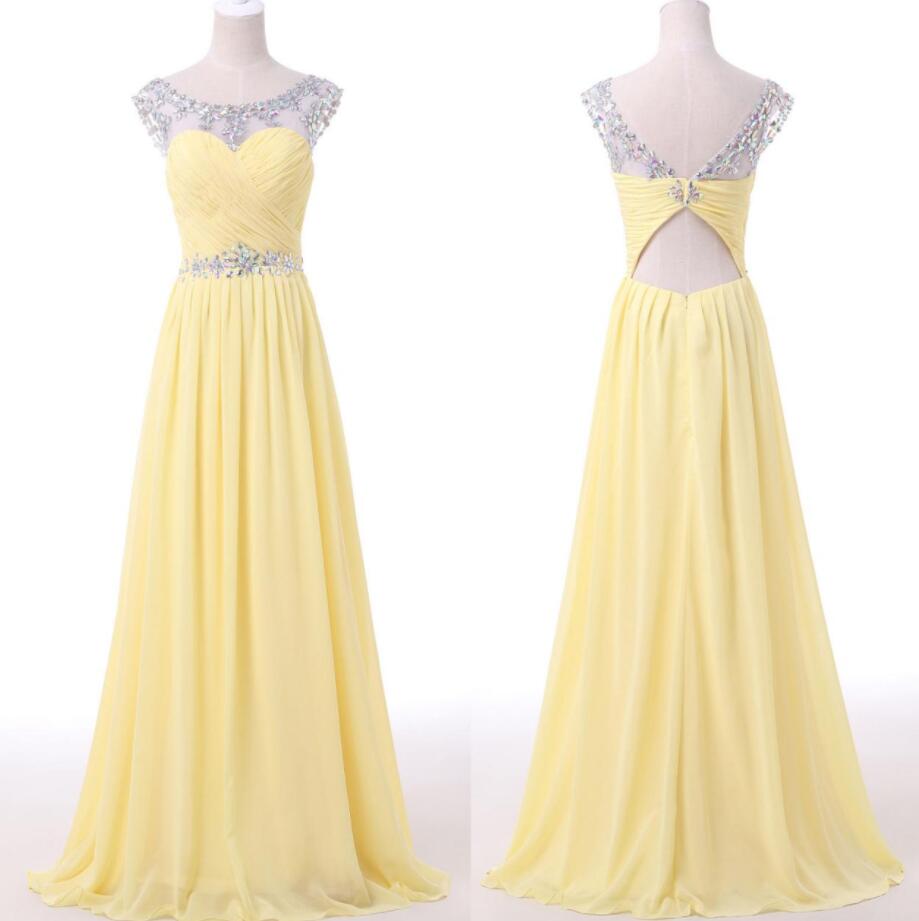 Sexy Scoop Neck Yellow Beaded Long Prom Dress, A Line Yellow Prom Gowns , Evening Dress, Plus Size Evening Gowns .