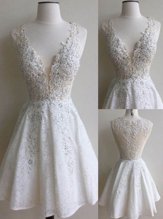 Deep V-neck Lace White Short Prom Dress Custom Made Short Cocktail Party Gowns A Line Mini Graduation Gowns