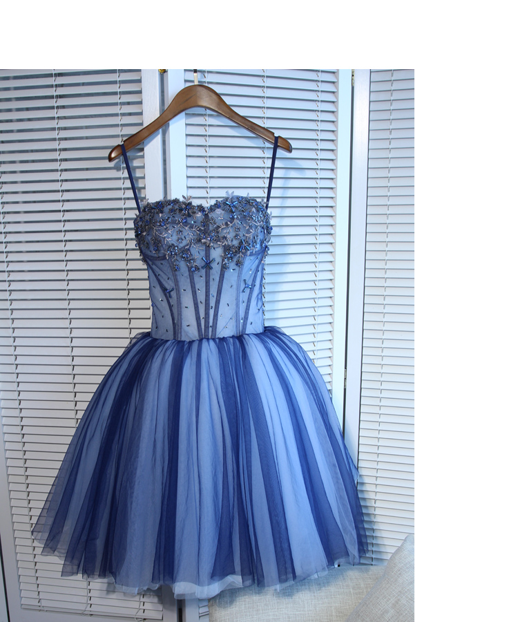 Blue Tulle Short Homecoming Dress, Off Shoulder Beaded Cocktail Dress Short, Mini Party Dress, Short Graduation Dress ,sexy Ball Gown Prom