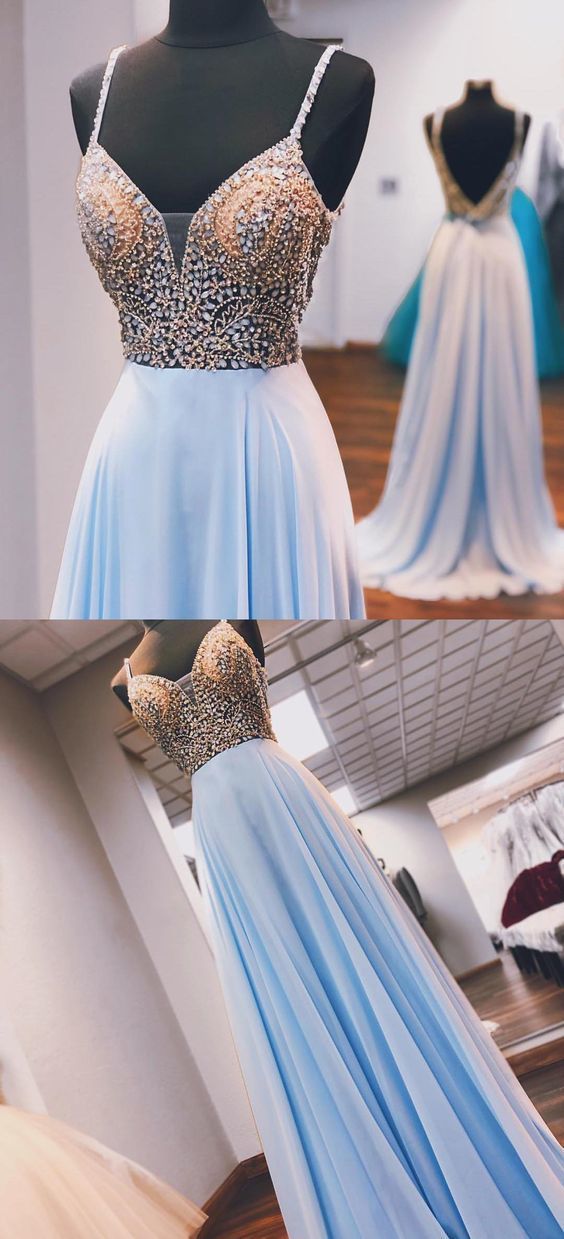 Sexy Light Blue Beaded Chiffon Long Prom Dress Sweet Prom Party Gowns Plus Size A Line Evening Gowns , Beaded Prom Party Gowns