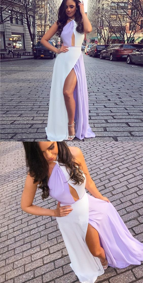 Long Prom Dress With Mix Colour, Custom Made White And Lavender Chioffn High Slit Prom Party Gowns , Evening Dress 2019
