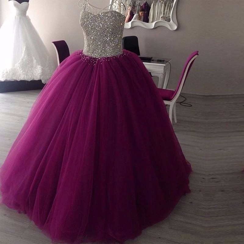 Sparkly Sweetheart Beaded Ball Gown Prom Dresses Real Picture Tulle Floor Length Sleeveless Puffy Quinceanera Dresses,sweet 16 Prom Dress,puple