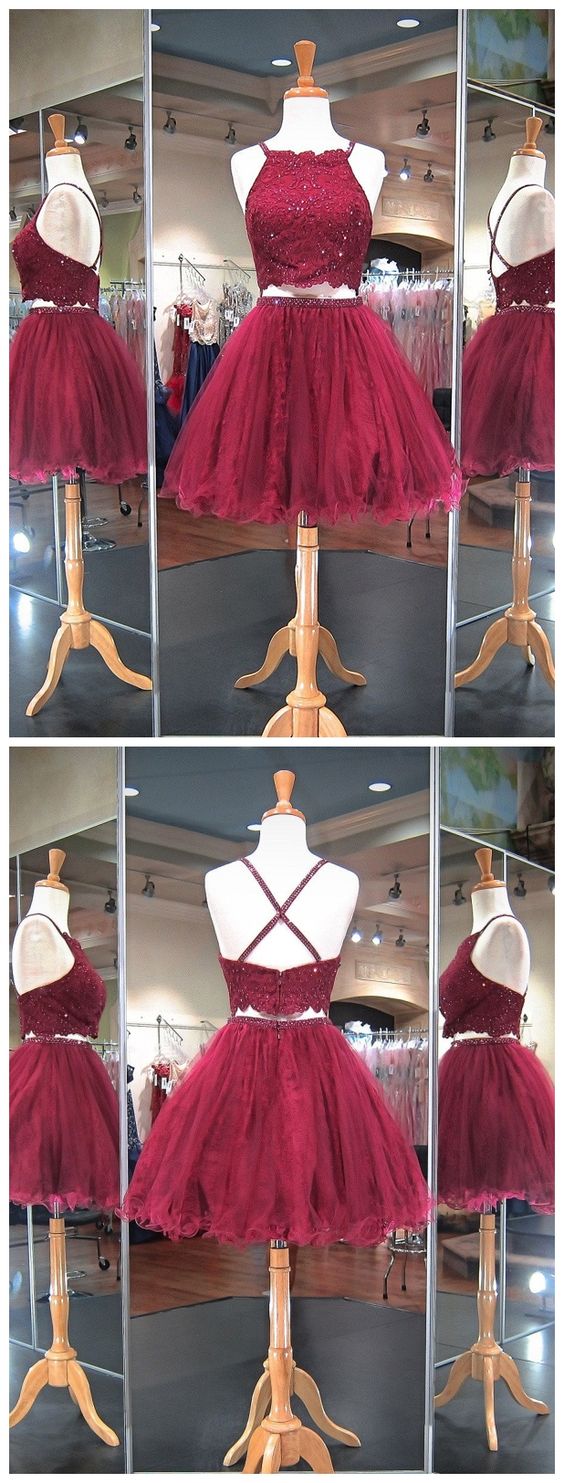 Burgundy Lace Two Pieces Short Prom Dress , Off Shoulder Short Homecoming Dress, Girls Cocktail Gowns