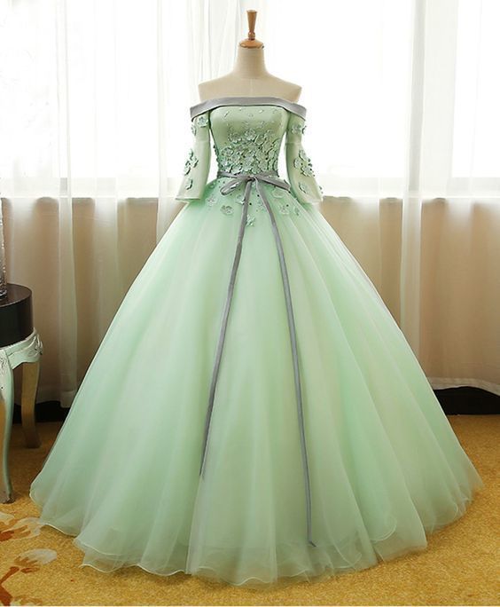 Mint Green Organza Long Prom Dress Off Shoulder With Sleeve Fashion Women Party Gowns ,sexy Pricess Quinceanera Dress