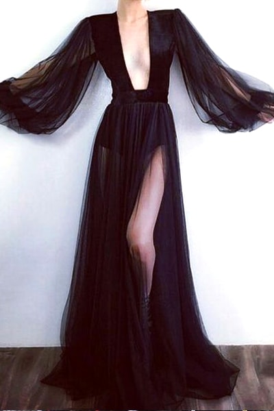 Black Tulle Long Prom Dress With Sleeve Fashion A Line Cheap Women Party Gowns ,Formal Evening Party Dress 