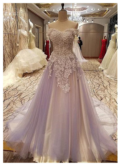 Gorgeous A Line Lace Appliqued Long Prom Dress Light Lavender Tulle Formal Evening Dress, Sexy Sweet 16 Prom Gowns ,women Party Gowns