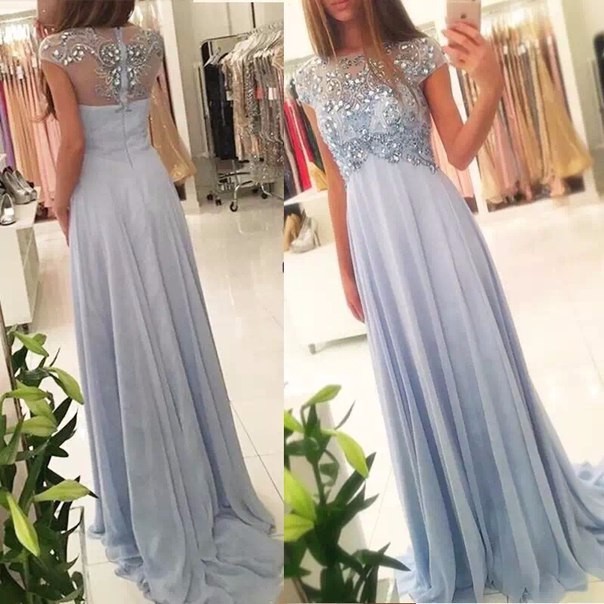 Charming A Line Light Gray Chiffon Beaded Long Prom Dress Crystal With Caped Sleeve Plus Size Women Evening Dress, Floor Length Prom Party Gowns