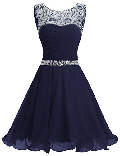 Charming Navy Blue Chiffon Beaded Short Homecoming Dress, A Line Women Scoop Short Cocktail Party Dress