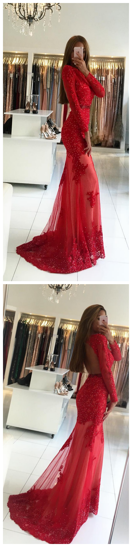 Chraming Red Beaded Tulle Mermaid Prom Dress With Long Sleeve Plus Size Women Prom Gowns ,red Formal Evening Dress, Sexy Mermaid Prom Gowns