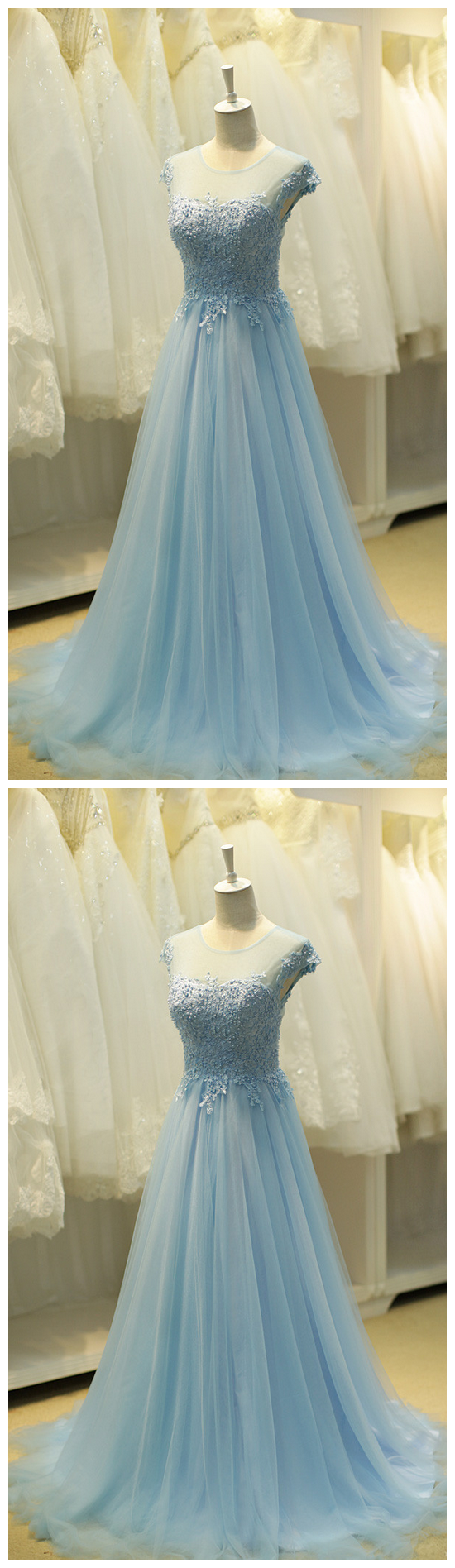 Sexy A Line Light Blue Lace Sccop Neck Long Prom Dress With Appliqued Sweep Train Prom Party Gowns Custom Made Evening Dress