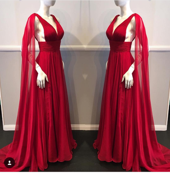 Sexy A Line Deep V-neck Red Chiffon Ruched Long Evening Dress Strapless Women Prom Gowns ,floor Length Prom Dress, Plus Size Women Party Gowns