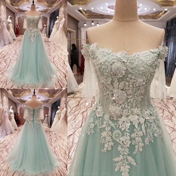 Green Tulle Long Prom Dress With Lace Appliqued Wedding Party Gowns , Evening Dress, Formal Evening Party Gowns