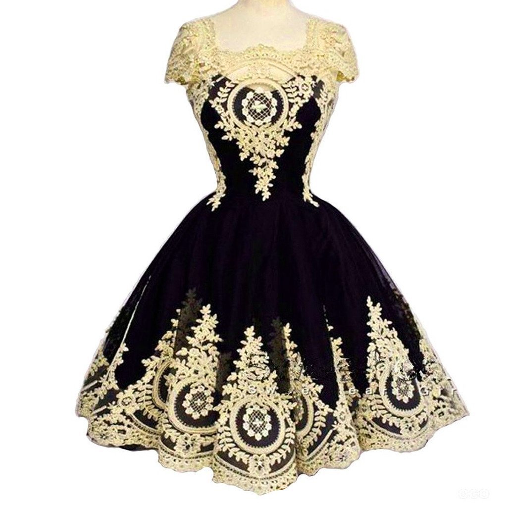 New Arrival Black Short Homecoming Dress With Gold Lace Appliqued Prom Gowns Mini , Sexy Women Party Gowns ,
