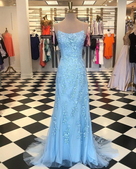 Bule Long Prom Dress With Lace Appliqued Sexy Backless Women Party Gowns ,mermaid Prom Dress, Prom Gowns