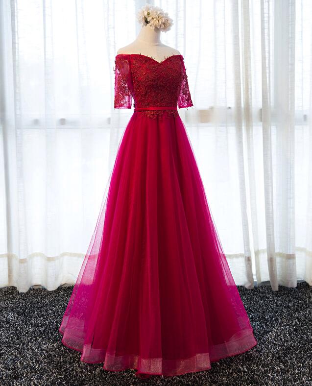 Sexy A Line Long Prom Dress Burgundy Tulle Lace Prom Gowns With Short Sleeve , Custom Made Women Party Gowns , Prom Dress