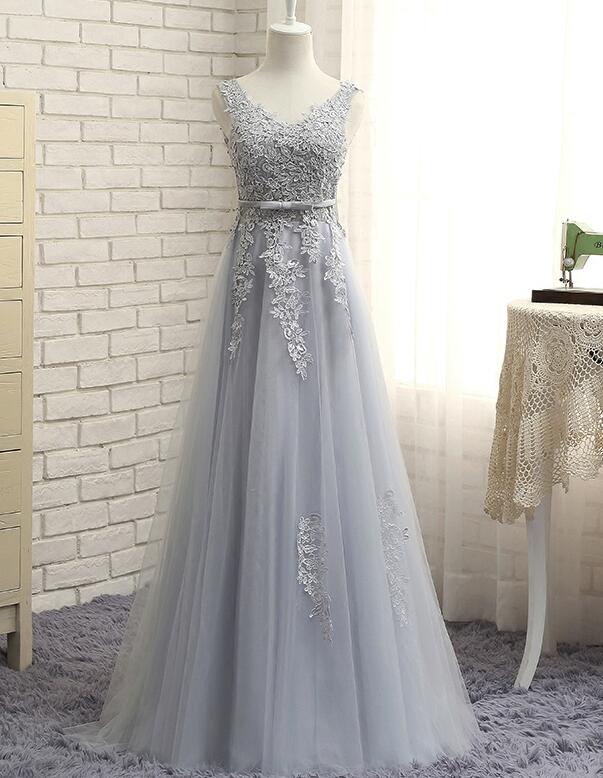 A Line Light Gray Lace Prom Dress Floor Length Women Party Gowns , Plus Size Evening Dress.,women Pageant Gowns