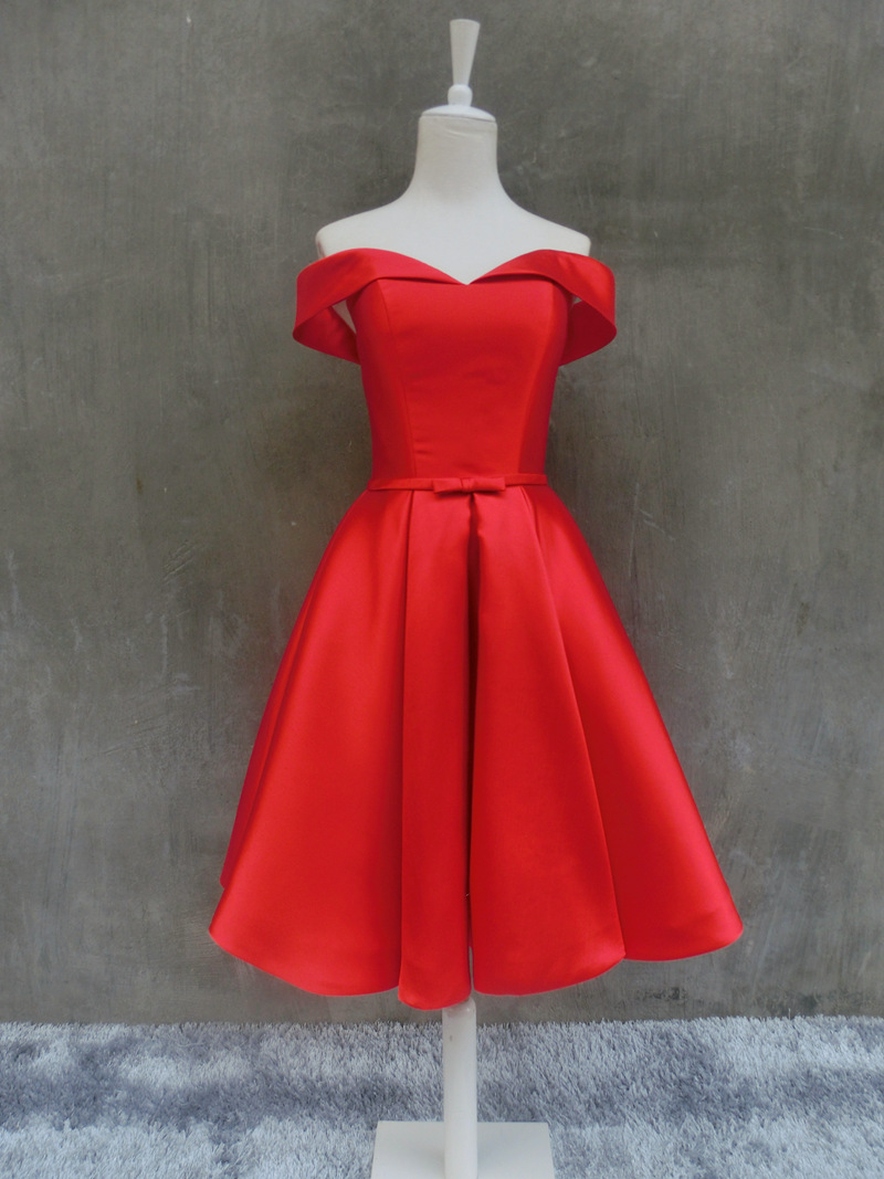 Red Satin Short Homecoming Dress ,short Prom Dress, Plus Size Cocktail Dress Short ,off Shoulder Short Pageant Dress