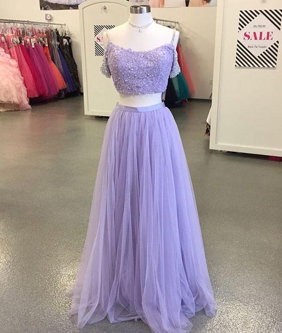 Sexy A Line Lavender Lace Two Pieces Long Prom Dress Custom Made Prom Gowns ,beaded Formal Evening Dress, Wedding Party Dress