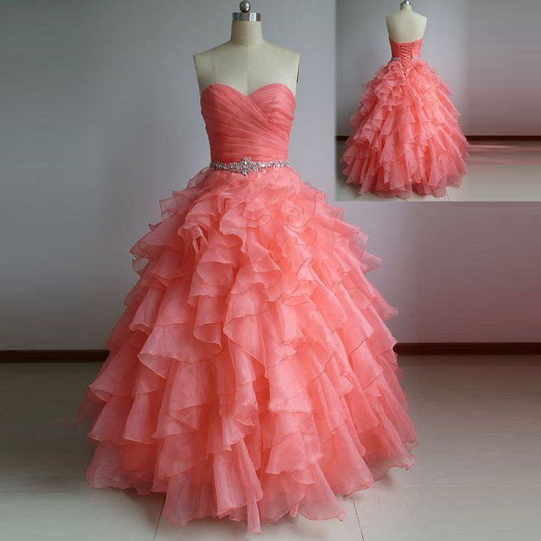 Fashion Coral Organza Beaded Prom Dress Sweet 16 Prom Gowns ,women Party Gowns , Wedding Guest Gowns , A Line Quinceanera Dress