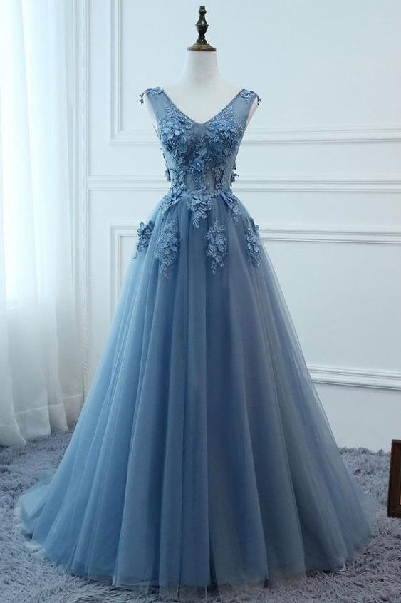 Elegant A Line V-neck Blue Tulle Lace Appliqued Long Prom Dress Plus Size Formal Evening Dress, Custom Made Party Dress Long