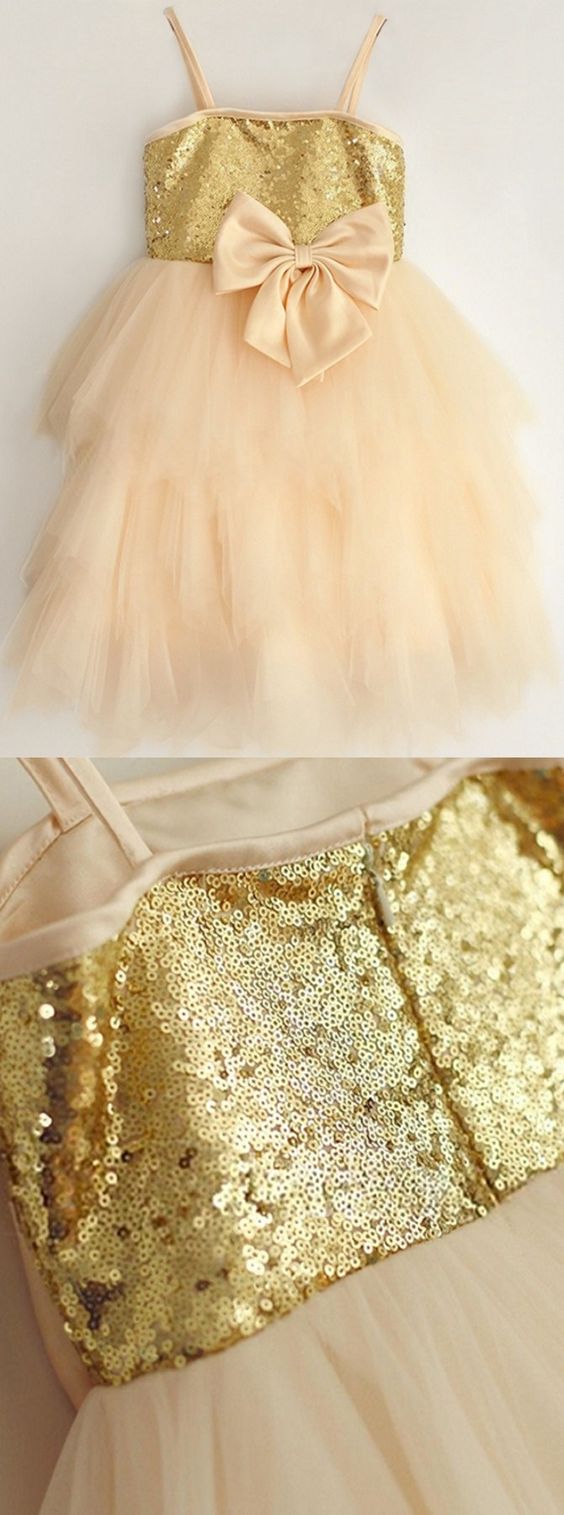 Sexy Gold Sequin Flower Girl Dress Custom Made Wedding Kids Party Gowns . A Line Children Party Gowns