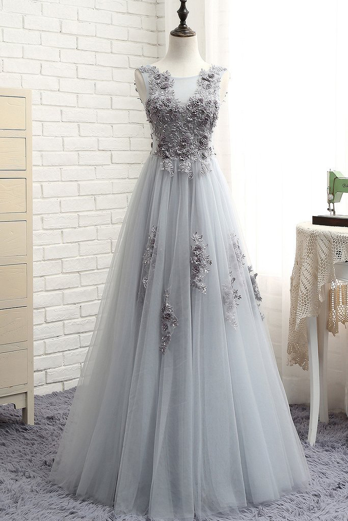 Sexy A Line Gray Lace Long Prom Dress With Floral Appliqued Women Evening Party Gowns ,custom Made Evening Party Dresses