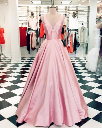 V-neck Pink Satin Long Prom Dress Plus Size Women Party Gowns , A Line Women Gowns ,formall Evening Dress
