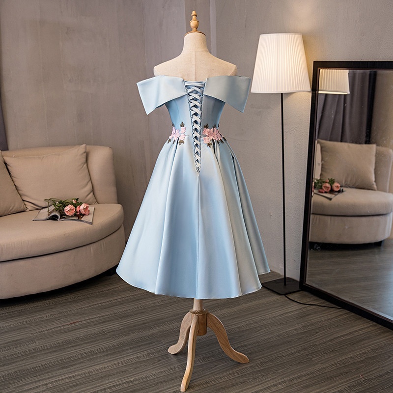 Light Blue Satin Short Homecoming Dress With Flowers Hand Made Custom Made Prom Party Gowns ,short Cocktail Dress 2019