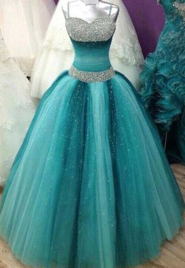 Bling Blue Tulle Beaded Ball Gown Prom Dress, Sweet 16 Quinceanera Dress, Long Prom Party Gowns