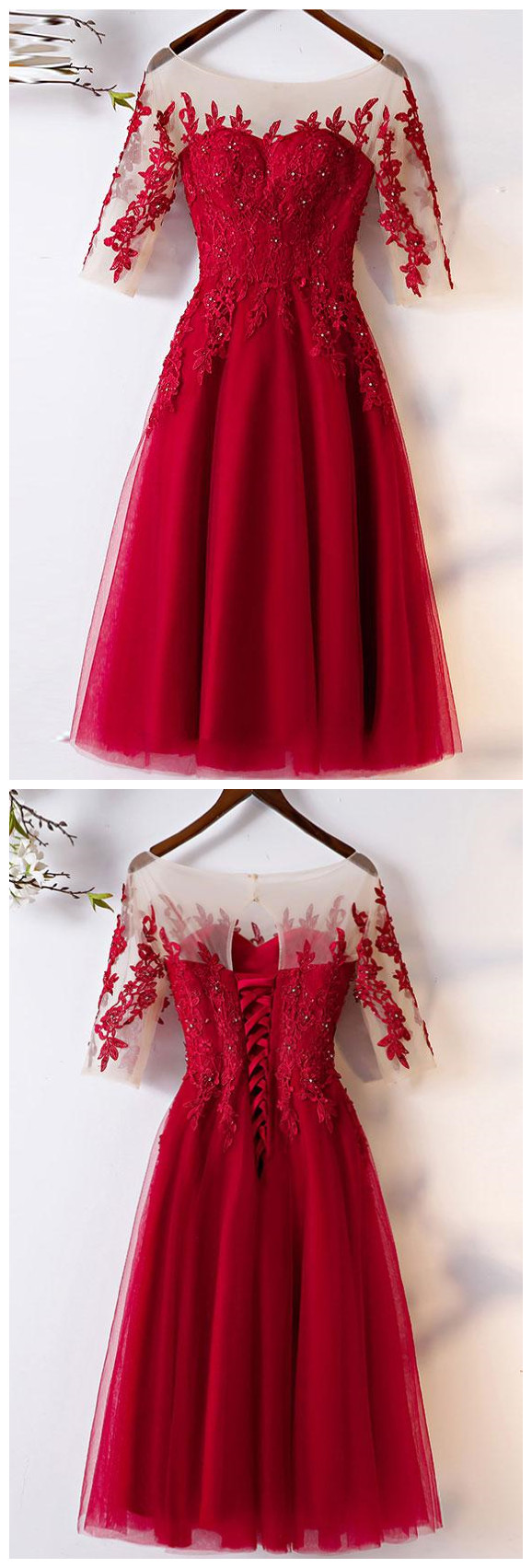 Sexy Scoop Neck Short Homecoming Dress Tea Length Short Prom Dress With Lace Short Sleeve .short Cocktail Dress