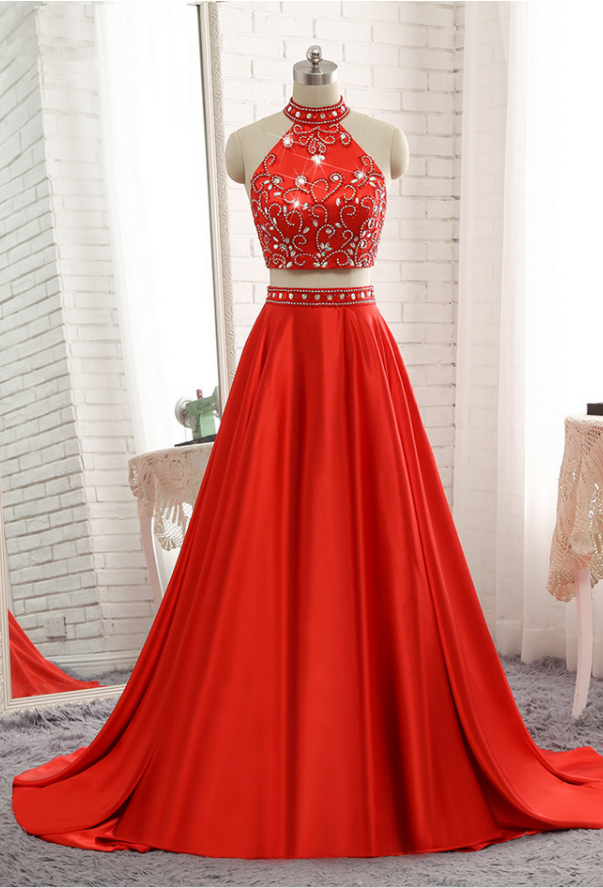 Sexy A Line Halter Beaded Crystal Long Prom Dress Plus Size Red Satin Prom Gowns , Long Evening Dress , Formal Gowns