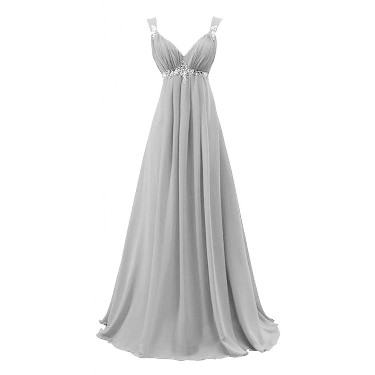 Sexy A Line Gray Chiffon Lace Beaded Long Prom Dress Spaghetti Strap Women Party Gowns , Long Bridesmaid Dress,wedding Guest Gowns