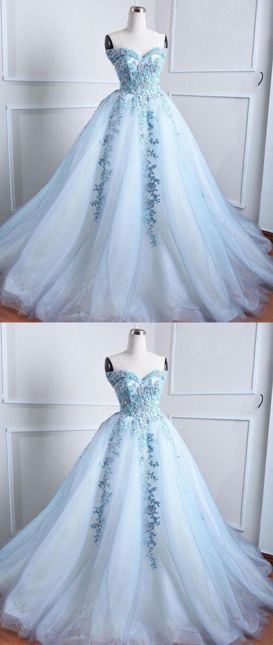 Off Shoulder Light Blue Tulle Ball Gown Long Prom Dress With Lace Appliqued Custom Made Prom Party Gowns ,sweet 16 Prom Gowns