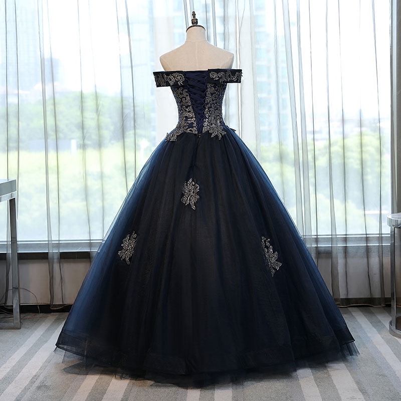 Fashion Long Navy Blue Tulle Ball Gown Quinceanera Dress With Gold Lace ...