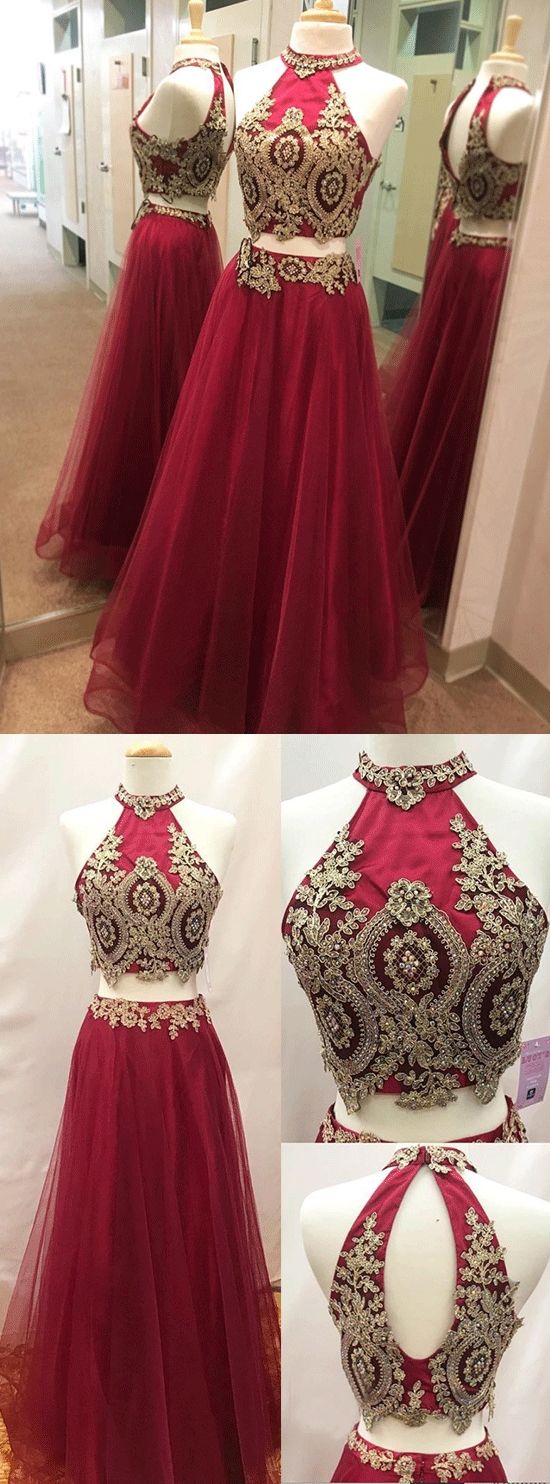 Elegant Two Pieces Tulle Long Prom Dress Custom Made Gold Lace Appliqued Formal Evening Dress, Red Tulle Prom Gowns 2 Pieces