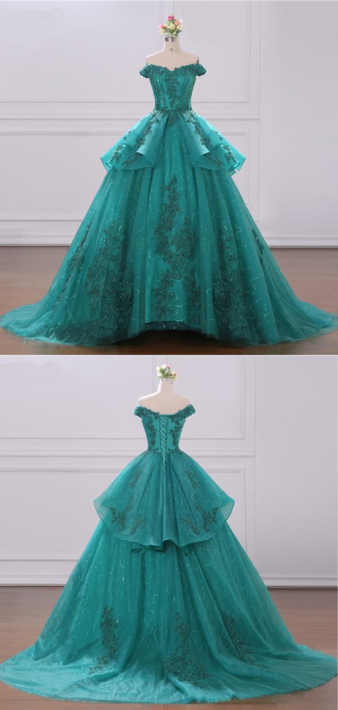 Elegant A Line Green Lace Prom Dress Off The Shoulder Women Party Gowns ,formal Prom Gowns ,appliqued Women Party Gowns