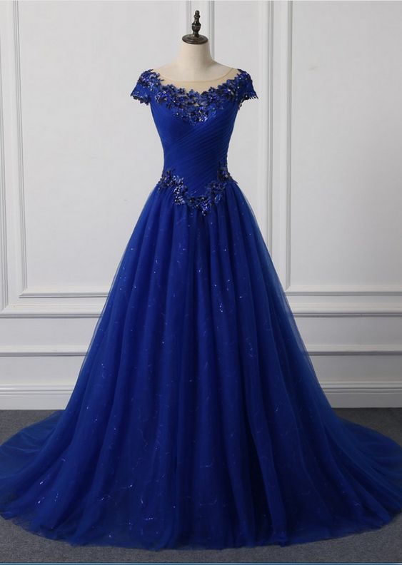 Royal Blue Scoop Neck Ball Gown Prom Dresses Custom Made Tulle Lace Prom Gowns ,long Evening Dress .sweet 15 Quinceanera Dress