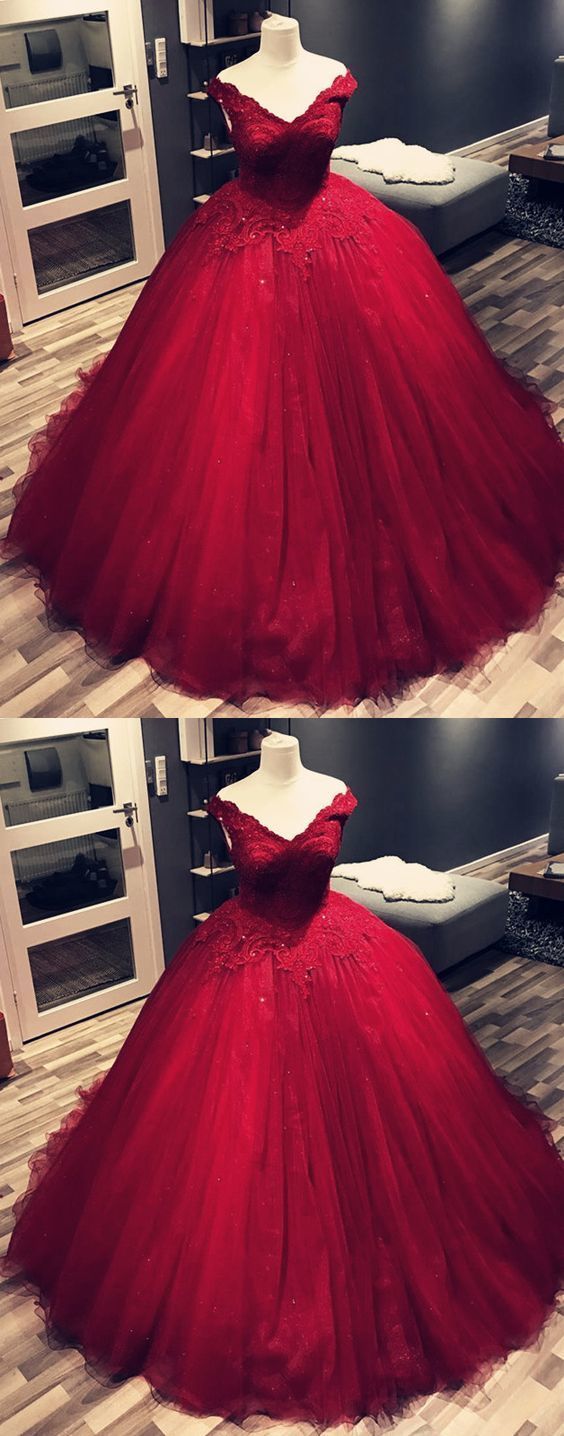 Elegant Burgundy Tulle Lace Quinceanera Dress, Sweet 16 Prom Dress, Sexy Pricess Women Prom Gowns