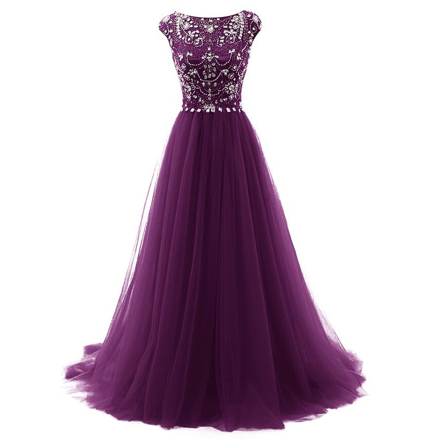 Elegant Purple Beaded Tulle Long Prom Dress A Line Women Party Gowns ,plus Size Women Party Gowns , Prom Gowns