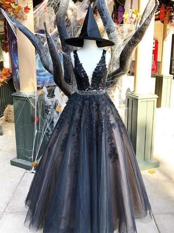 Floor Length Black Lace Tulle V-neck Tulle Long Prom Dress Beaded Ribbon Formal Evening Gowns ,custom Made Prom Gowns