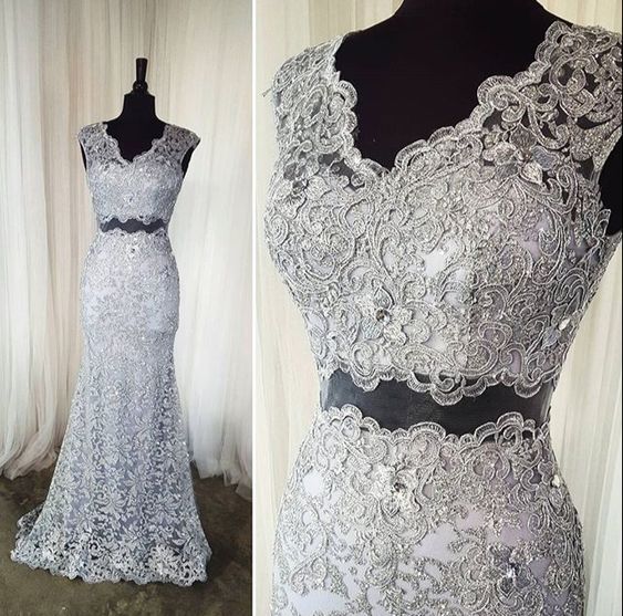 Fashion Two Pieces Silver Lace Prom Dress Mermaid 2019 Women Party Gowns , Long Prom Gowns , Sexy Evening Gowns