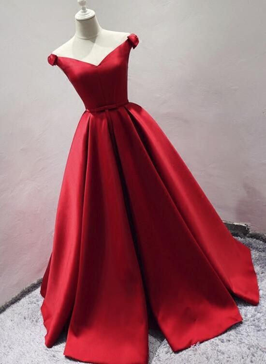 Off Shoulder Women Prom Dress Red Satin Ruffle Long Evening Party Dress, Formal Evening Dresses, Plus Size Party Gowns