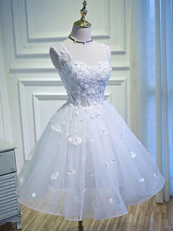 White Tulle Lace Short Homecoming Dress Spaghetti Strap Mini Prom Party  Gowns, Junior Party Gowns on Luulla