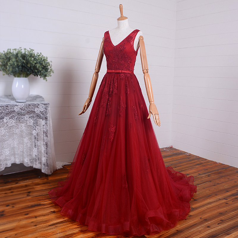Sexy Burgundy Lace Tulle Long Prom Dress A Line Appliqued Prom Gowns ,formal Evening Dress ,