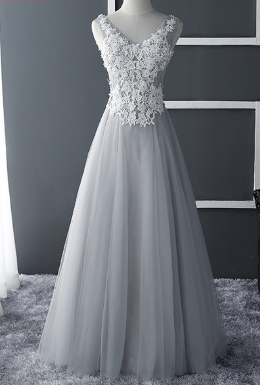 Fashion A Line Silver Tulle Long Prom Dress, Floor Length Women Party Gowns , Formal Evening Dress, Plus Size Party Gowns