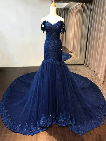 Navy Blue Lace Appliqued Mermaid Prom Dress Elegant Custom Made Formal Evening Dresses Plus Size Women Gowns