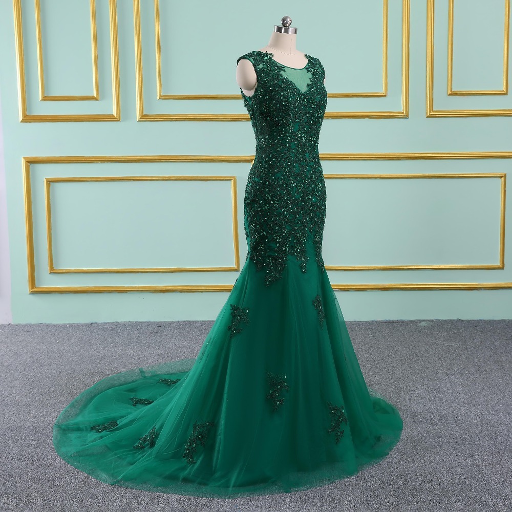 Green Tulle See-through Lace Mermaid Evening Dress 2019 Custom Made Appliqued Long Evening Party Gowns , Long Mother Dress