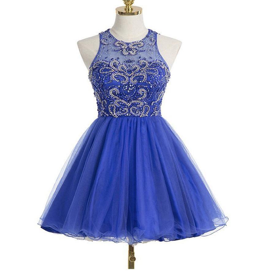 Shiny Beaded Crystal Royal Blue Tulle Short Homecoming Dress Custom Made Backless Short Junior Prom Gowns , A Line Graduation Gowns