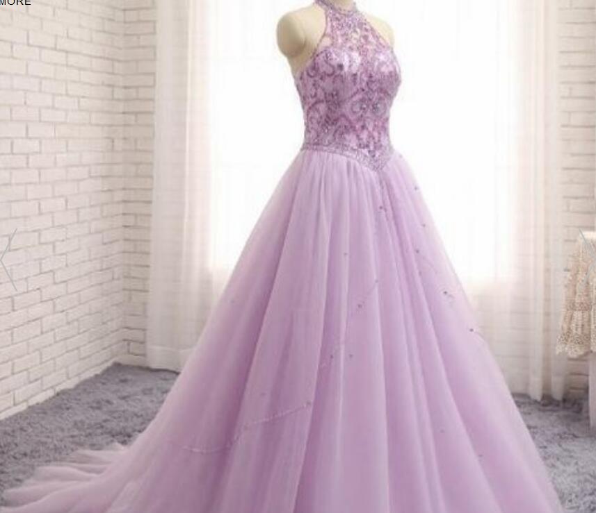 Custom Made Sexy Lavender Beaded Tulle Long Prom Party Dresses Plus Size Halter Prom Gowns , Plus Size Evening Dress